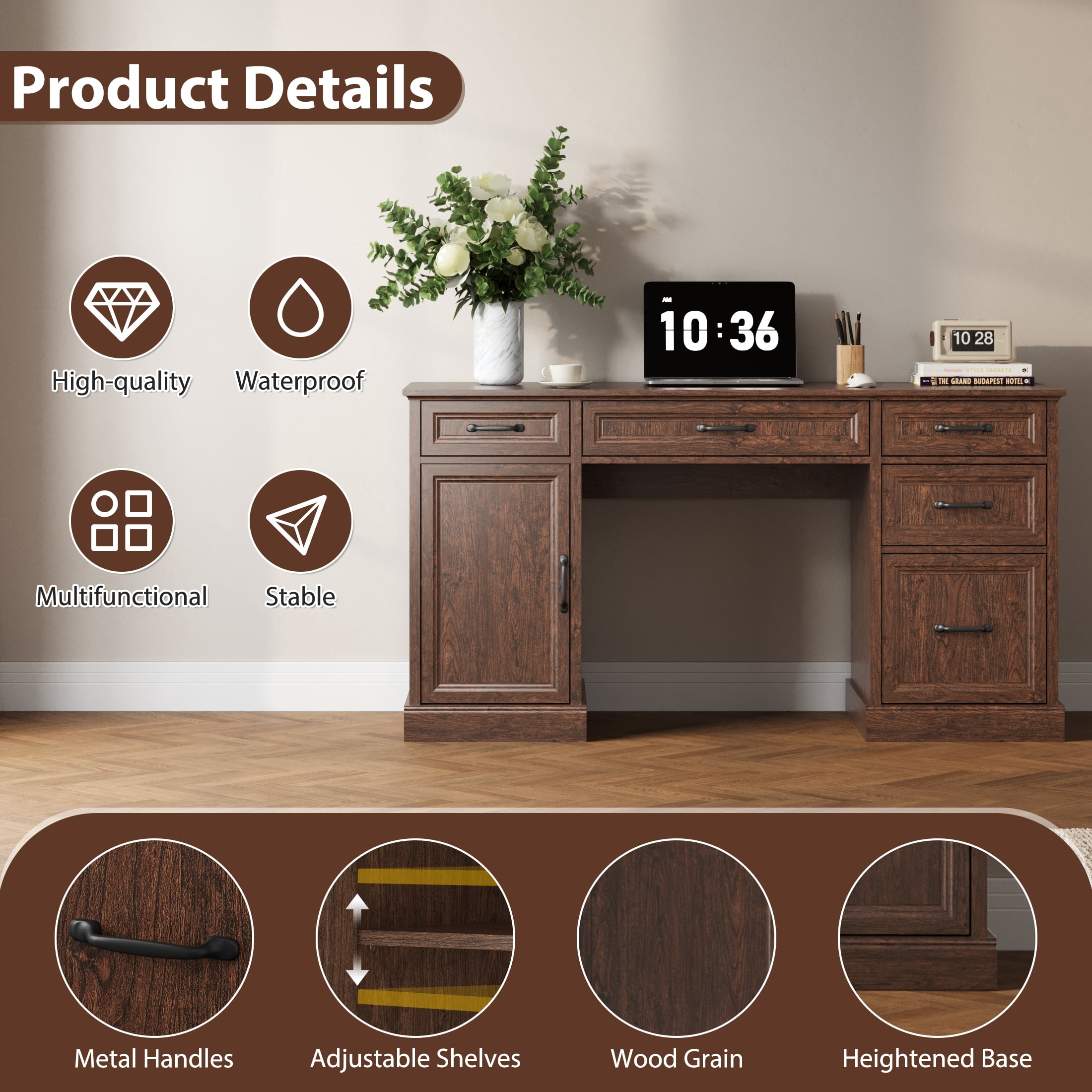 YouTrend 58'' Farmhouse Executive Desk,Wood Home Office Computer Desk with 5 Drawers and Storage Cabinet for Work Study Writing,Brown