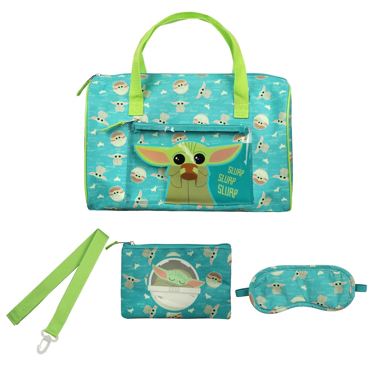 Kids Star Wars Mandalorian Grogu Mini Duffel Bag 14 Inch with Lanyard, Sleep Mask, and 7.5 Inch Mini Carry Case