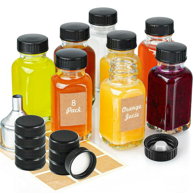 Botellas De Chupito De Jengibre Reutilizables Transparentes Syntic Con Tapas, Paquete De 8 Frascos De Vidrio Cuadrados Pequeños De 2 Oz Con 8 Tapas Interiores Cónicas Selladas Y 8 Tapas Herméticas, Bo