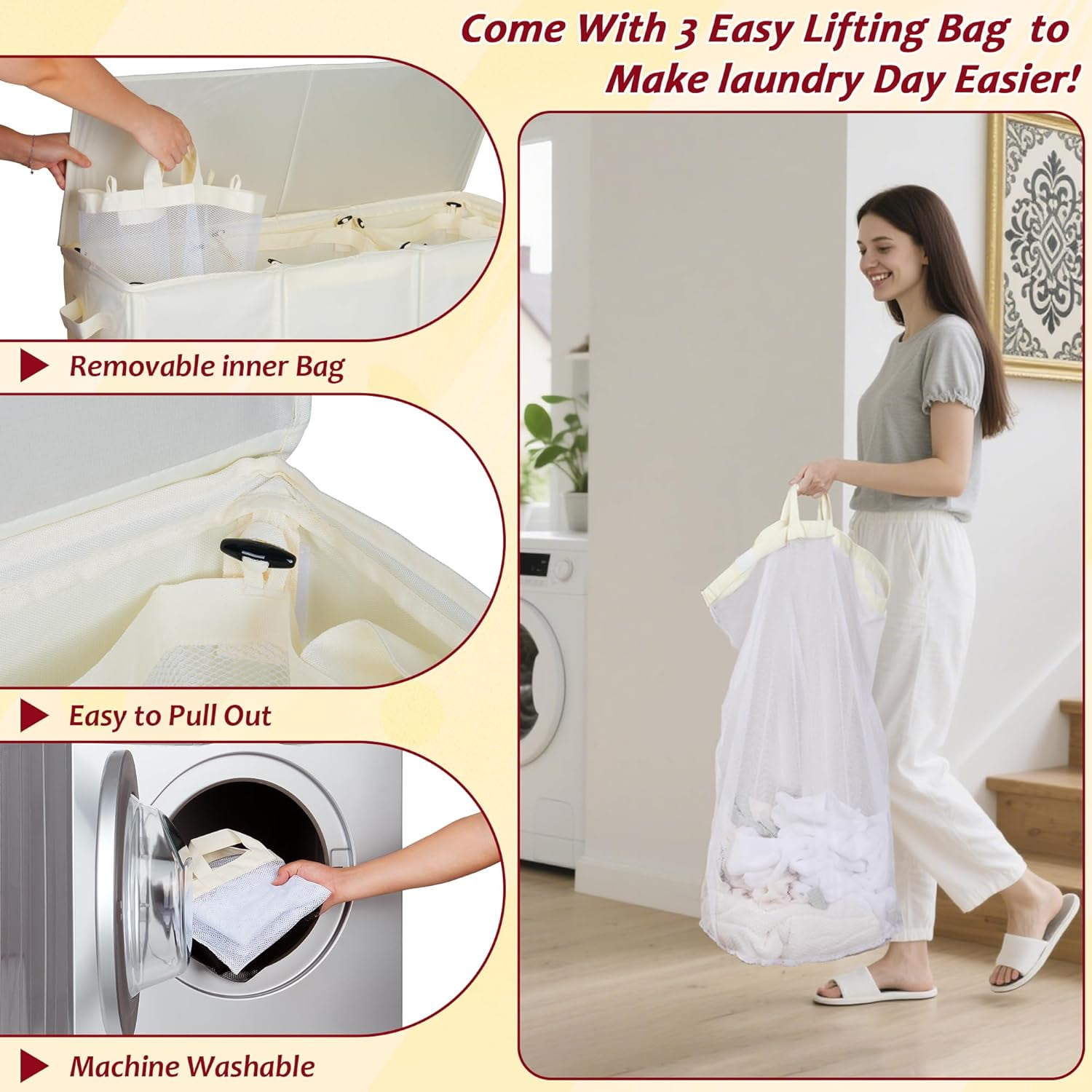 Uni 195L Laundry Hamper 3 Section,Large Laundry Hamper with Lid,Dirty Clothes Hamper with 3 Inner Bags,Collapsible Laundry Basket Organizer for Laundry Room,Bedroom,Laundry Sorter Hamper 3Compartment