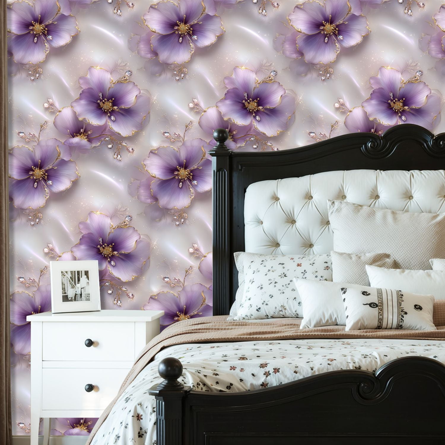 Peel and Stick Wallpaper Delicate Purple Floral Design Gold Accents Gemstone Wall Mural 23.6in x 9.8ft Self Adhesive Removable Wall Paper Renter Friendly Wallpaper for Nursery Bedroom