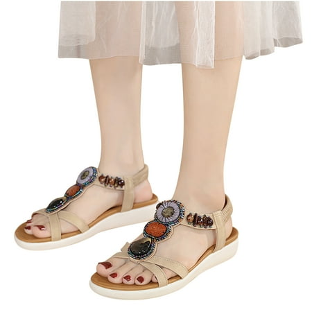 

Flat Sandals for Women Dressy Summer Cute Gladiator Slip on Sandal Comfortable Orthopedic T-strap Sandals Ladies Casual Ankle Elastic Bohemian Beach Shoes