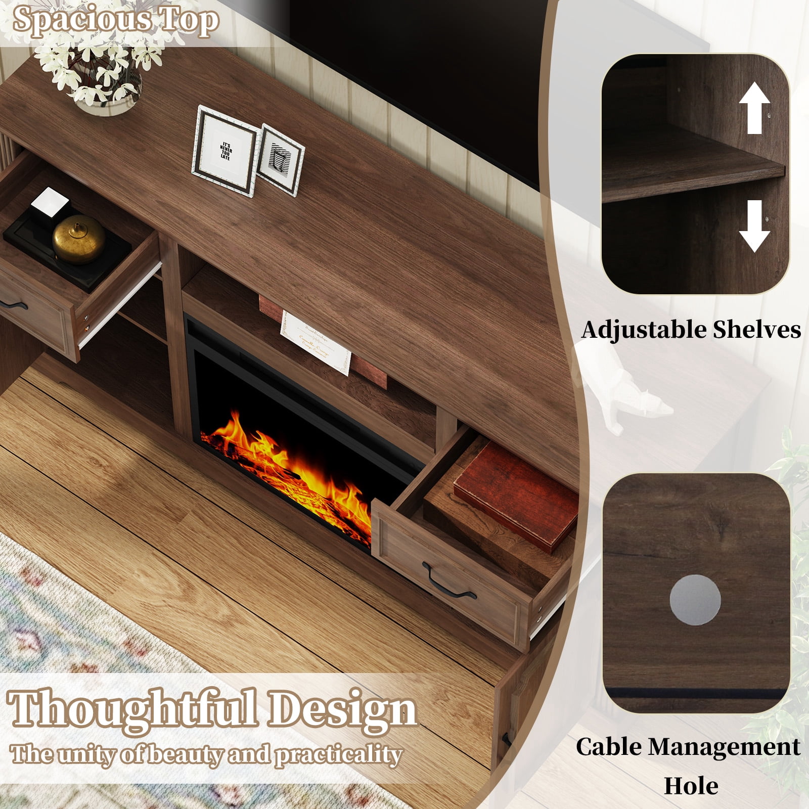 HLR Modern Fireplace TV Stand for TV up to 65'', Entertainment Center with Storage for Living Room, Brown