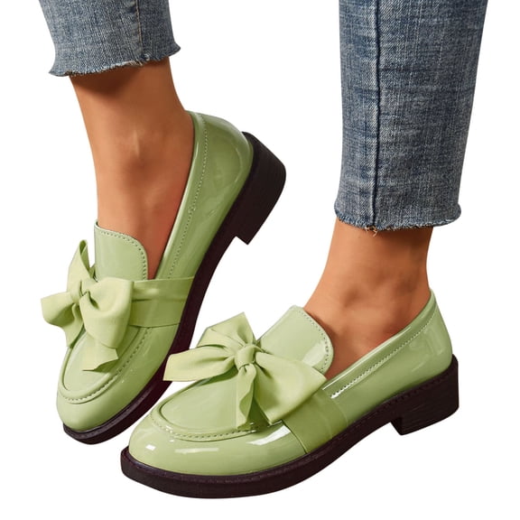 Willtoo Ladies Patent Leather Loafers with Bow, Pink Slip-On Flat Shoes, Casual Comfort Footwear