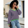 thumbnail image 4 of Women'S Long Sleeve Striped Sweater V Neck Color Block Soft Knit Pullover Trendy Jumper Tops Blue & Pink XL, 4 of 6