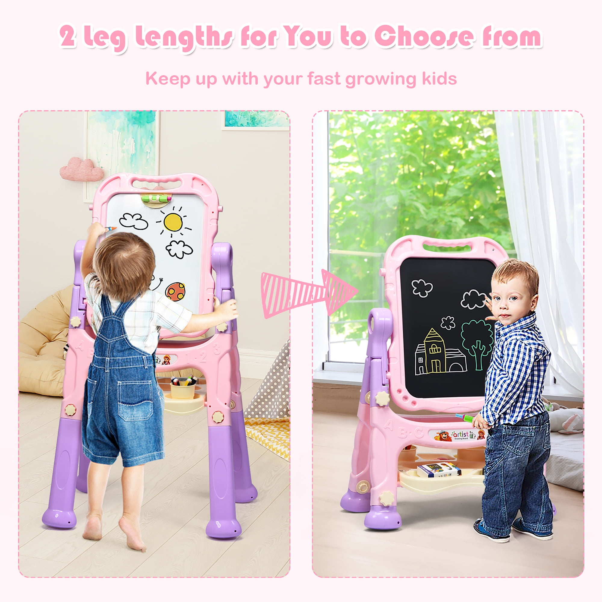 Costway Height Adjustable Kids Art Easel Magnetic Double Sided Board w/ Accessories Pink