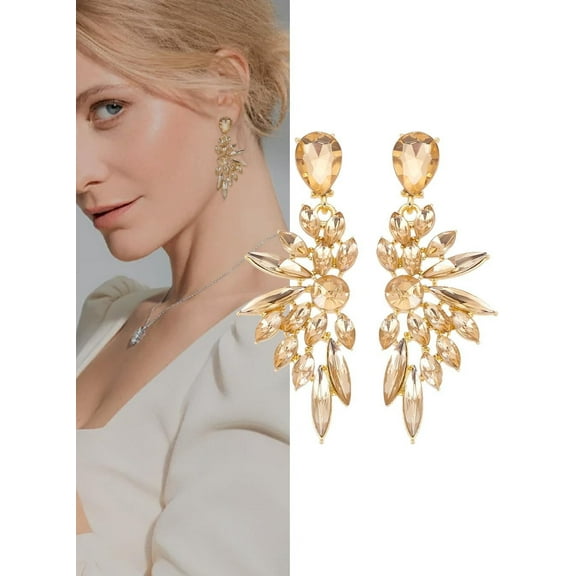 Gold Rhinestone Statement Earrings Cluster Crystal Drop Fashion Drop Dangle Earrings Teardrop Chandelier Earring Jewelry Gifts for Women Parties Weddings and Daily Wear