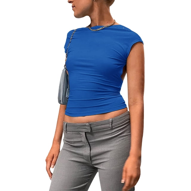 Camiseta sin espalda para mujer Color puro Camiseta de moda transpirable suave y agradable para la piel para aniversario Azul oscuro M