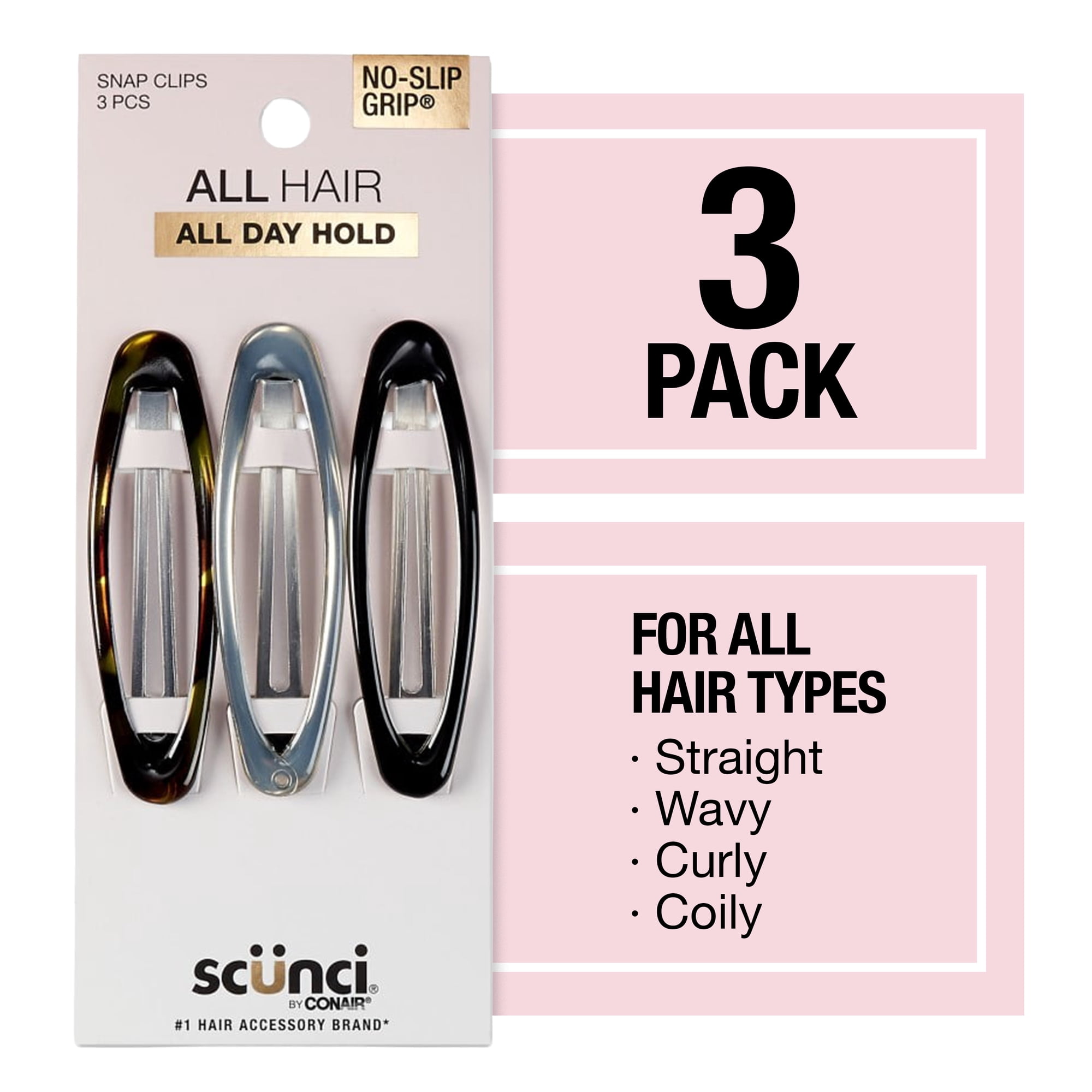 Scunci No-Slip Grip Oval Snap Hair Clips, Multicolor, 3 Count