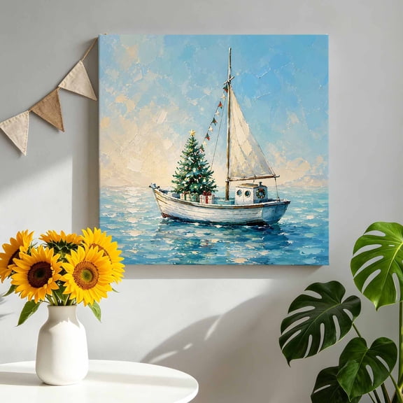 Canvas Wall Art White Sailboat Canvas Art Print Coastal Christmas Tree Ocean Oil Painting Texture Wall Decor for Living Room Bedroom Artwork Decorations Stretched Framed Ready to Hang 16"x16"