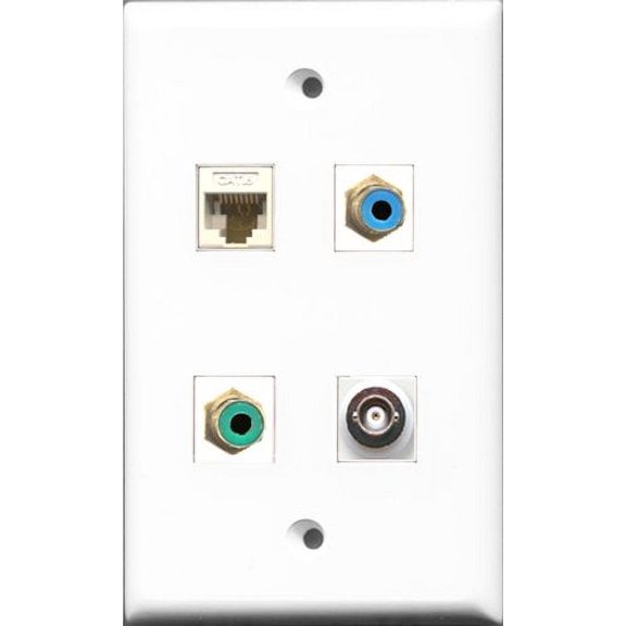 RiteAV 1 Port RCA Green and 1 Port RCA Blue and 1 Port BNC and 1 Port Cat6 Ethernet White Wall Plate