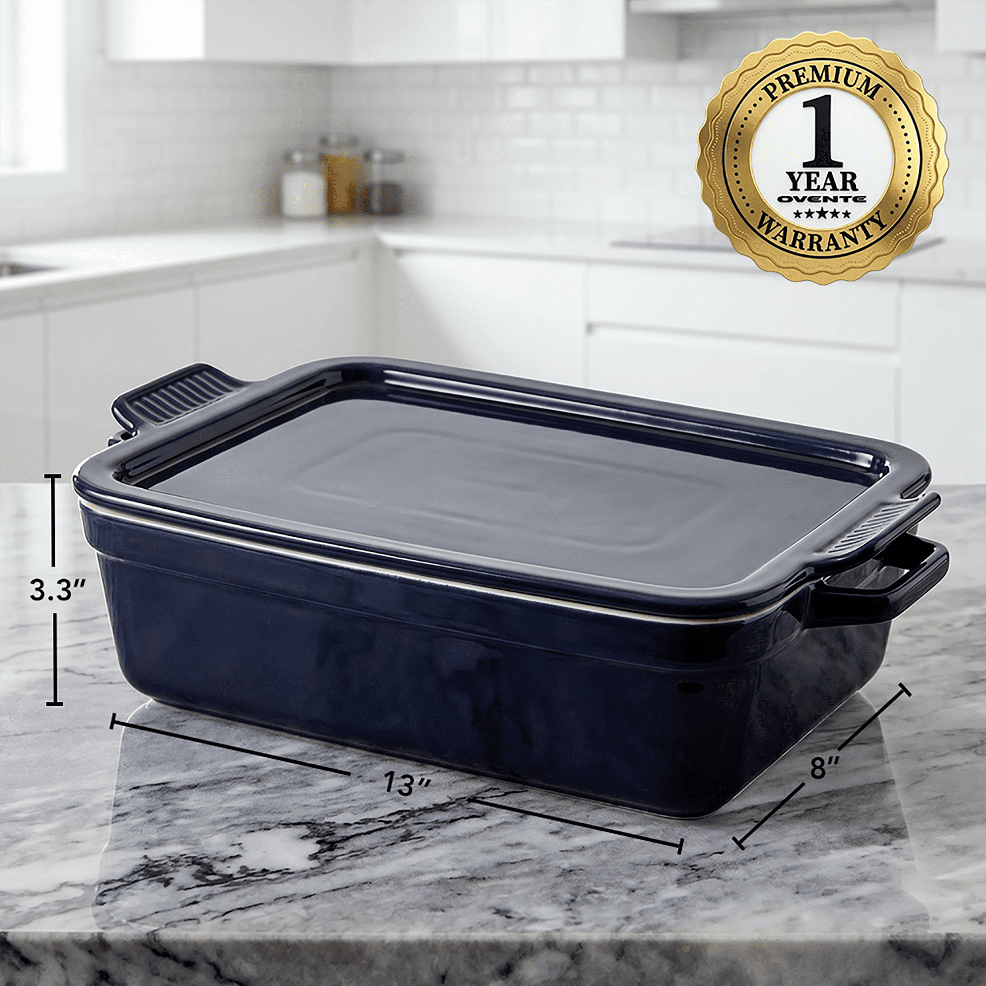 OVENTE Ceramic Baking Dish with Lid, 3 Quart Rectangular Stoneware Casserole Dish for Baking and Serving, Lasagna Pan Deep with Handles, Oven & Dishwasher Safe Bakeware, Ideal Home Gift, Blue BP13BL