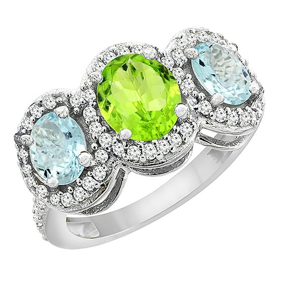 14K White Gold Natural Peridot & Aquamarine 3-Stone Ring Oval Diamond Accent, size 5.5