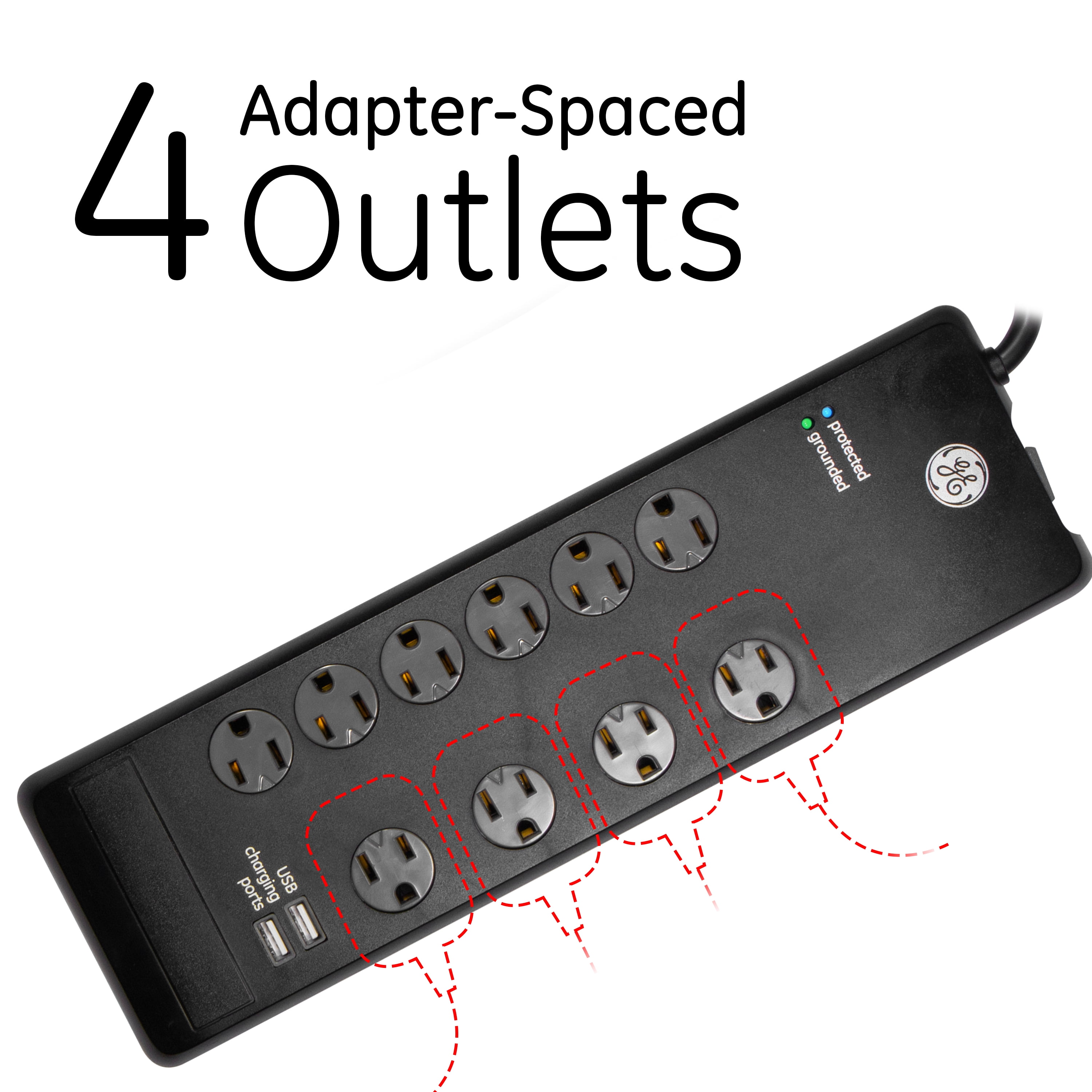 GE 10-Grounded Outlet, 2 USB Premium Surge Protector, 6 ft Cord