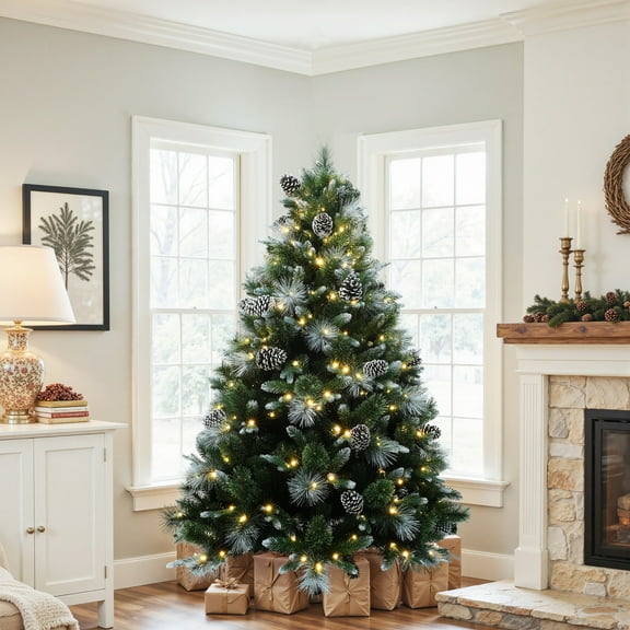 6Ft Pre-Lit Mixed Green & White Artificial Christmas Tree with Pinecones