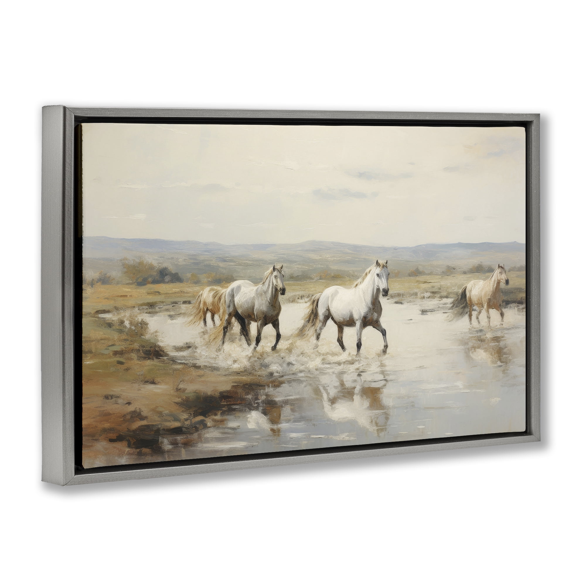 Stupell Industries Free Horses Running Landscape Painting Gray Floater Framed Canvas Art Print Wall Art, 31 x 21