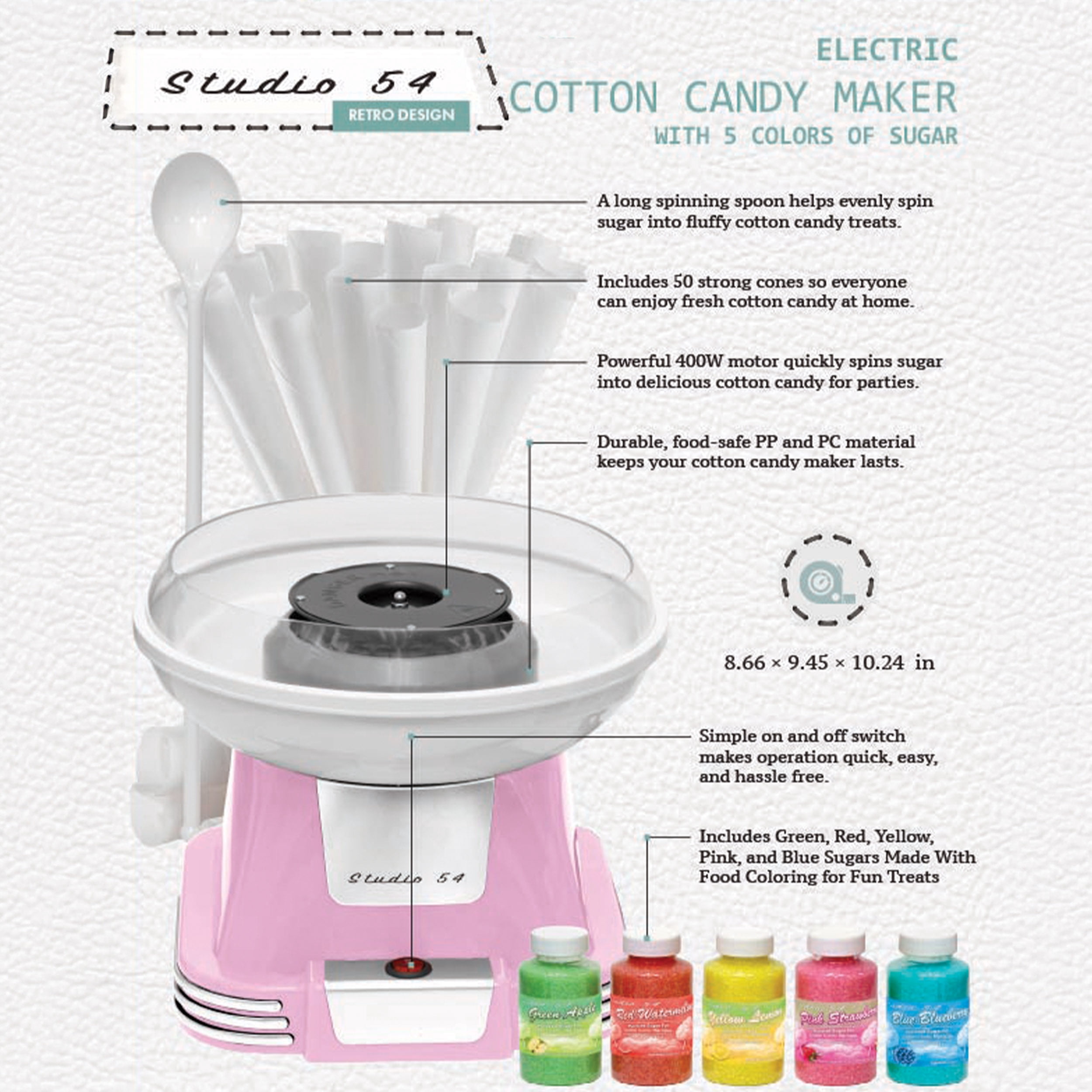 Studio 54 Retro Cotton Candy Machine with 5 Jars (11oz Each) Floss Sugar, 50 Paper Cones, Easy Cleanup Cotton Candy Maker, Durable Retro Design, Makes 20–30 Servings per Jar, BPA & Lead Free
