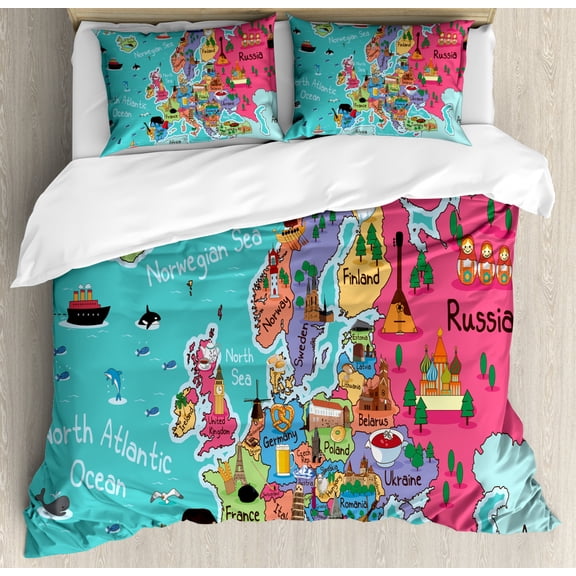 Map King Size Duvet Cover Set, Illustration of Educational Europe Map with City Landmarks and Symbols in Cartoon Style, Decorative 3 Piece Bedding Set with 2 Pillow Shams, Multicolor, by Ambesonne