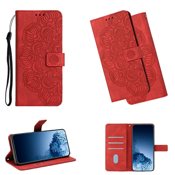 Samsung A32 Case 4G, Slim Mandala Pattern Embossed Wallet Card Slot PU Leather Magnetic Closure Kickstand Folio Stand with Strap Case For Samsung Galaxy A32 4G,Red