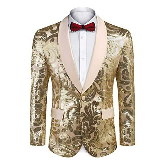 KHONTS Men's Sequin Blazer Sparkly Glitter Jacket Shiny Floral Suit Jacket Stylish Party Wedding Banquet Prom Tuxedo GD2 XS