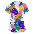 thumbnail image 3 of HAVUITYY Women's Easter Printed Scrub Tops, Bunny Pattern V-Neck Stretchy Nurse Top, Plus Sized Short Sleeve Working Uniform Nursing Shirt with Pockets, 3 of 5