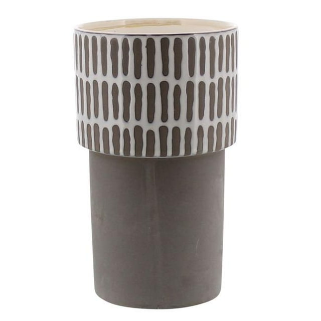 Benjara BM237112 Striped Ceramic Vase with Cylindrical Base, Gray & White