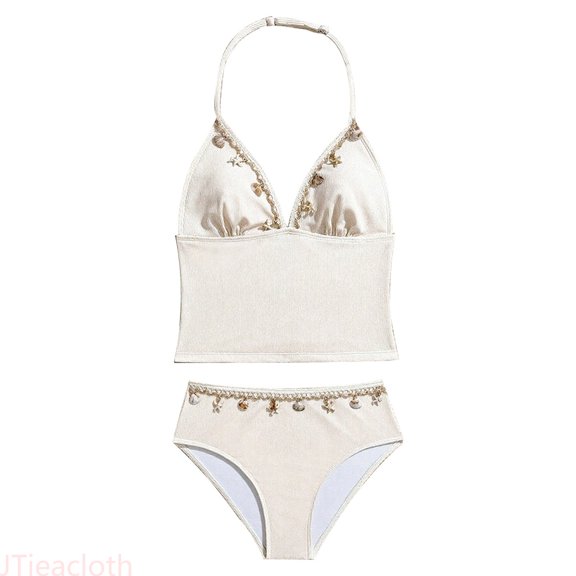 JTieacloth Swimwear for Girls Girls Bikini Swimsuit Two Piece Triangle Top Neck With Beach Pool Party Wear,Beige,13-14 Years