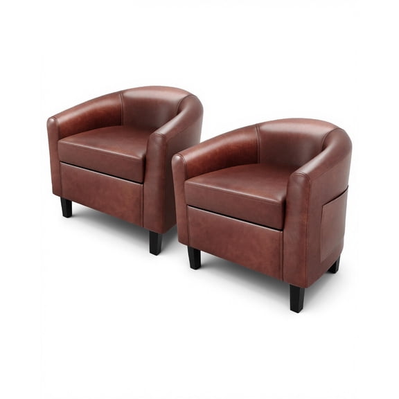 Set of 2 Faux Leather Barrel Accent Chairs, Soft Padded Club Armchairs for Living Room, Bedroom and Waiting Room, Brown