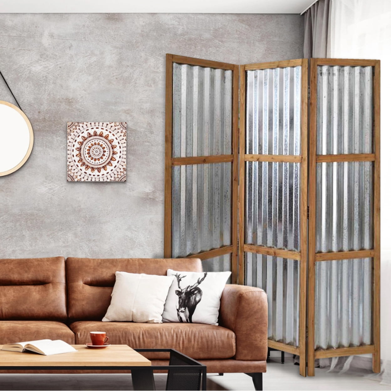 Industrial Style 3 Panel Brix Screen Room Divider - Brown & Grey