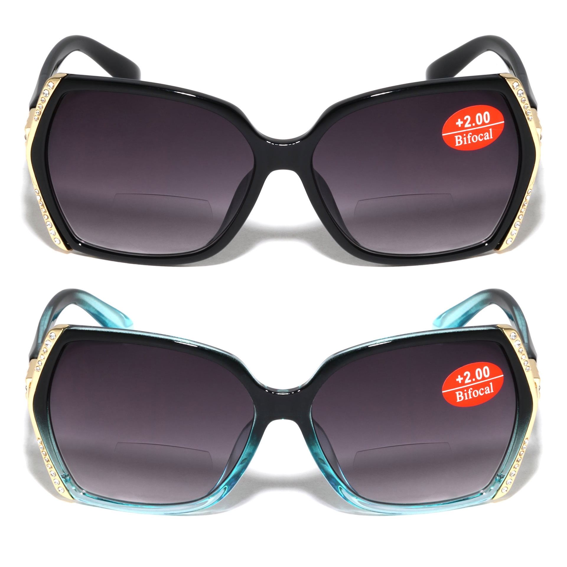 2 Pairs Women Bifocal Oversized Reading Sunglasses with Rhinestones - UV400 Reader Glasses +2.25