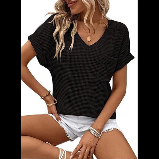 Camiseta Básica Informal de Corta para Mujer, Cuello en V, de Punto Gofrado, Color Negro, Talla XXL