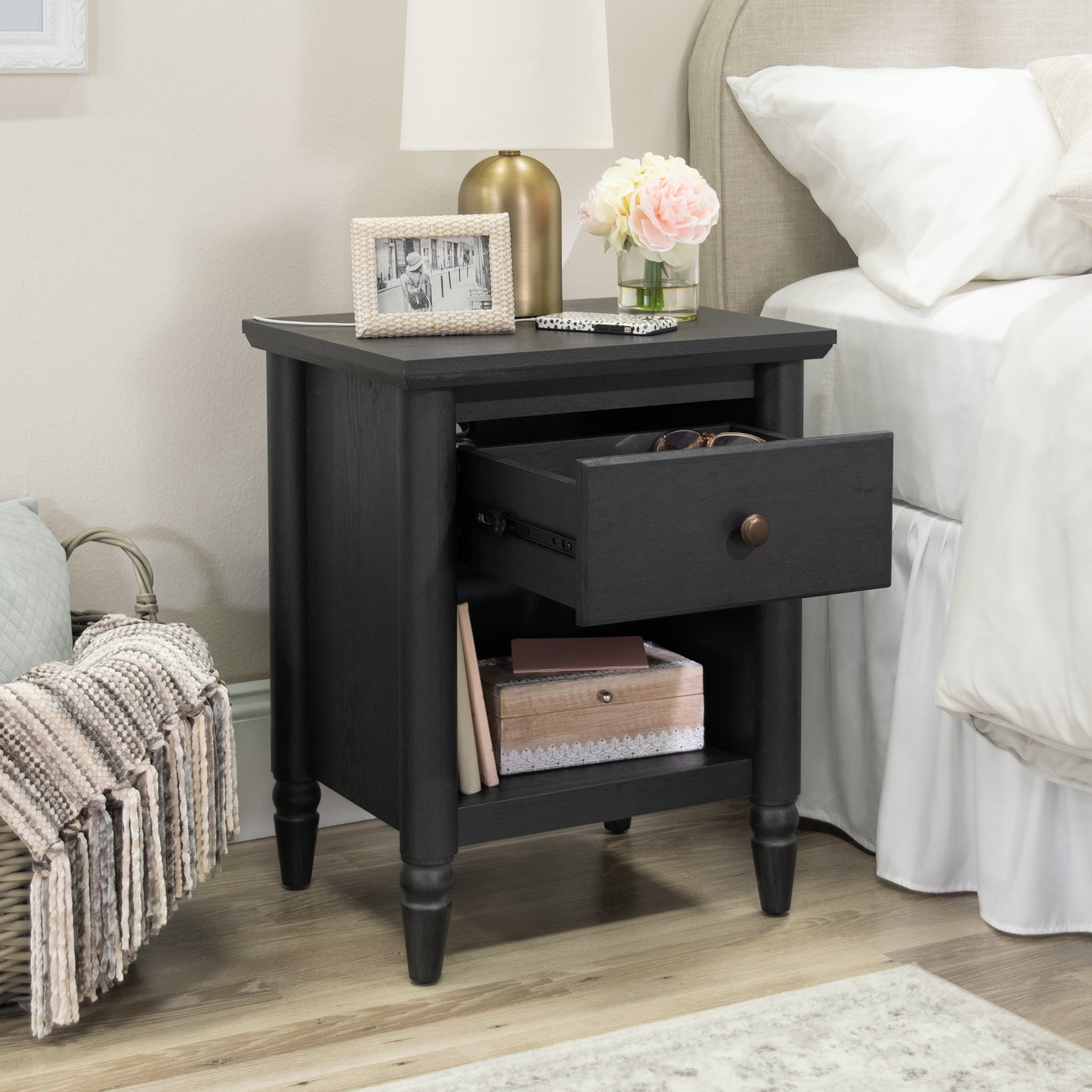 My Texas House Monroe 1 Drawer Nightstand, with USB, Black Oak Finish