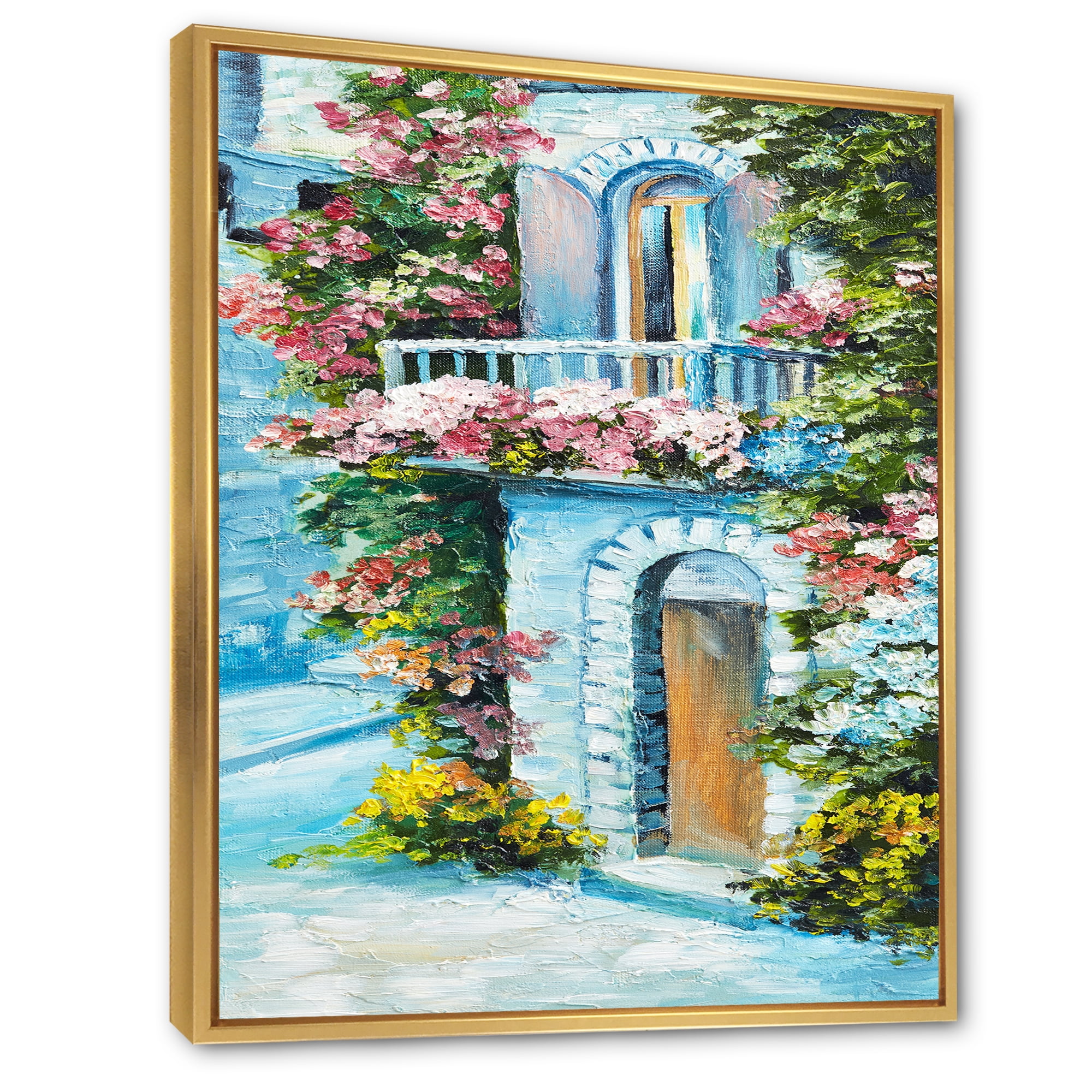 Designart 'House With Colorful Flowers Near The Sea II' Traditional Framed Canvas Wall Art Print