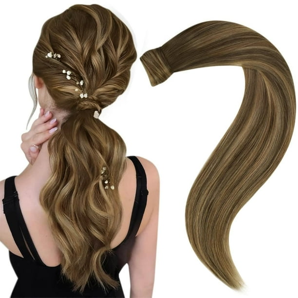 Extensiones de cabello de cola de caballo Easyouth, extensión de cola de caballo de cabello humano Balayage, mezcla marrón medio, rubio caramelo, extensión de cola de caballo envolvente, se puede quit