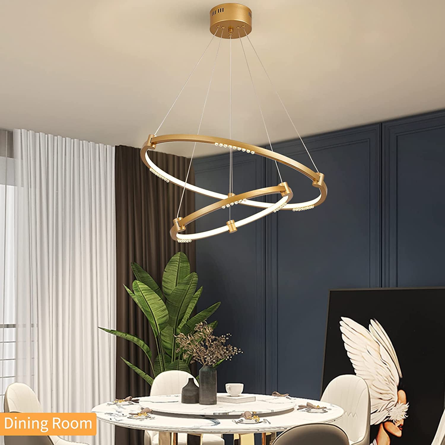 Modern Crystal Rings Chandelier, Contemporary LED Pendant Lighting Fixtures, Designer Double Ring Ceiling Hanging Light for Dining, Living, Bedroom, and Foyer Spaces