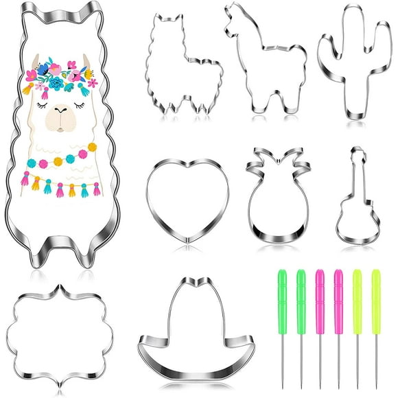 9 Piece Llama Cookie Cutter Set with Llama Alpaca, Cactus, Heart, Pineapple, Hat and Guitar Shapes Stainless Steel Fondant Biscuit Cutters and 6 Piece Sugar Stirring Pins