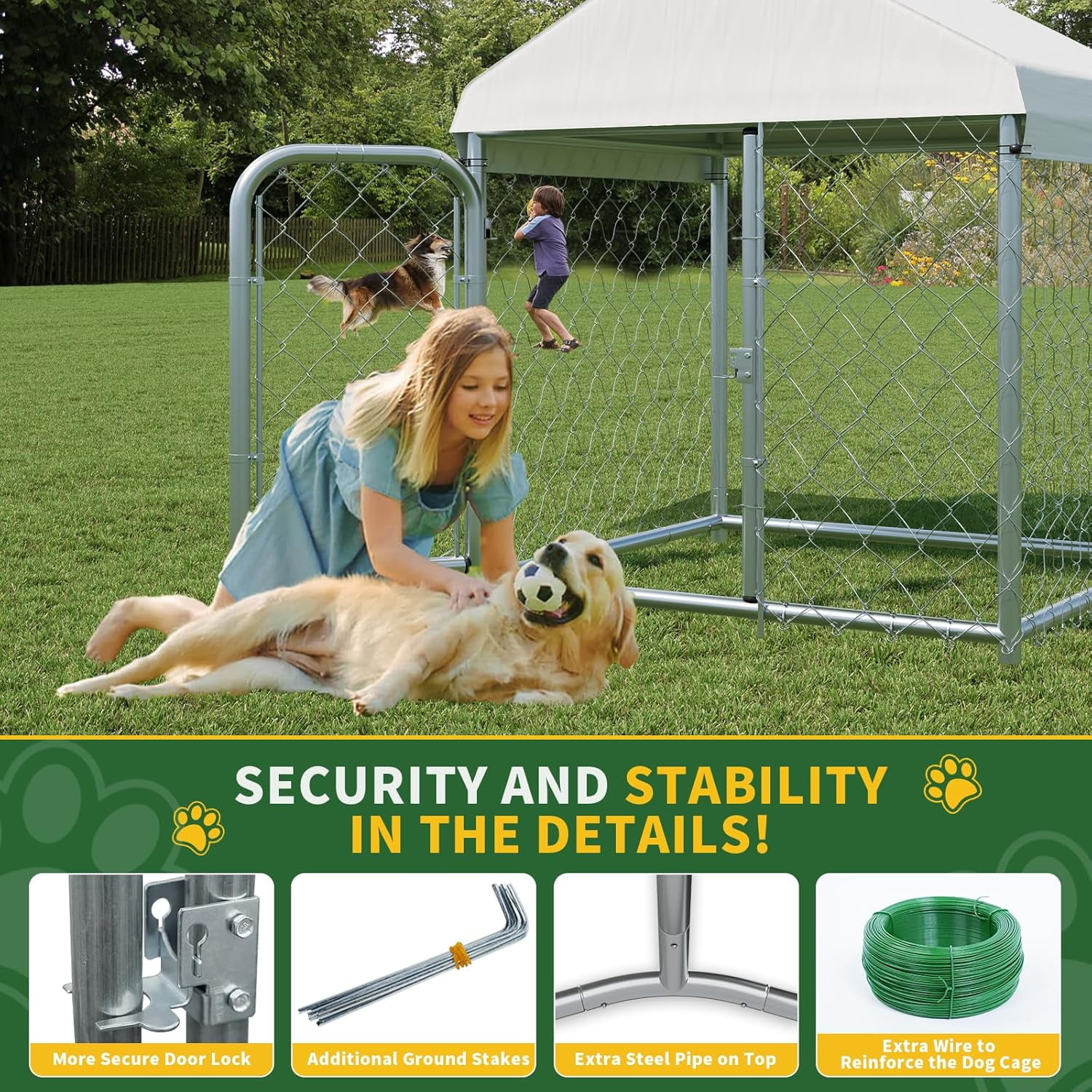 Selooye Outdoor Large Dog Kennel 40 x40 in, Heavy Duty Dog Enclosure with UV & Rain-Proof Fully Covered Roof, Rustproof Metal Mesh, Double Security Locks