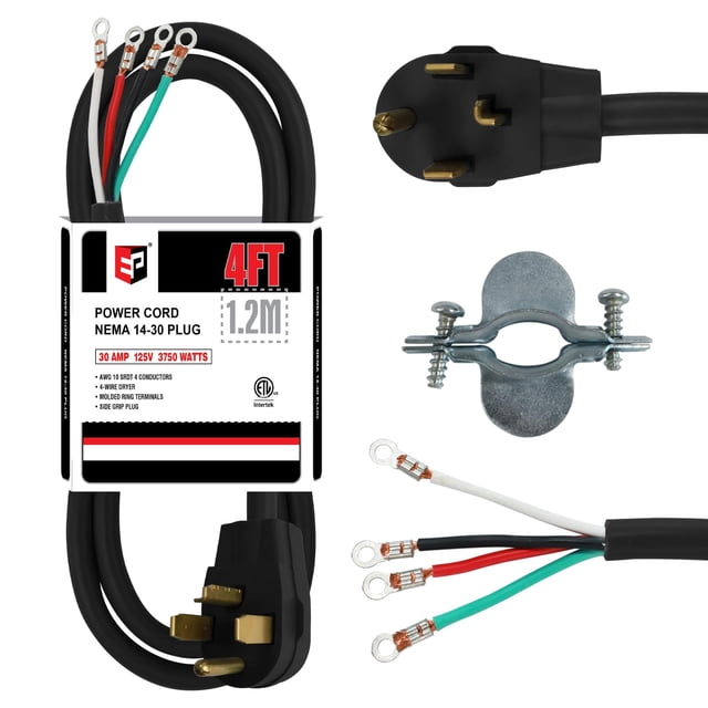 Cable de secado EP de 4 clavijas, 30 amperios, 10/4 SRDT, 1,2 m, NEMA 14-30, negro