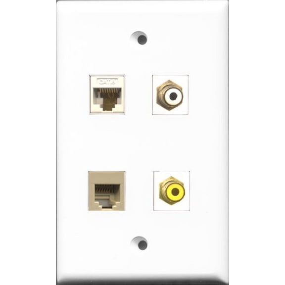 RiteAV 1 Port RCA White and 1 Port RCA Yellow and 1 Port Phone RJ11 RJ12 Beige and 1 Port Cat6 Ethernet White Wall Plate