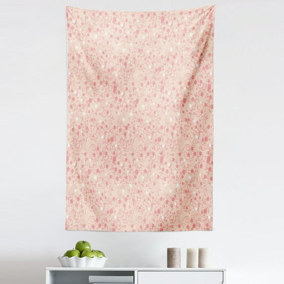Cherry Blossom Tapestry, Vintage Natural Illustration with Swirled Leaves Abstract Flora, Fabric Wall Hanging Decor for Bedroom Living Room Dorm, 5 Sizes, Peach Coral White, by Ambesonne