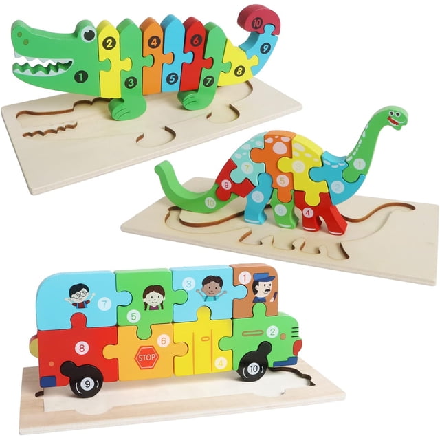 Rompecabezas de madera de animales 3D para niños, rompecabezas de madera Montessori de 3 piezas, animales de juguete, juguete de madera (cocodrilo + dinosaurio + camión)