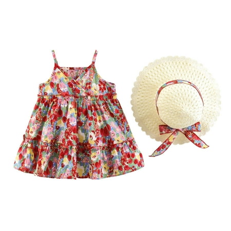 

Toddler Girls Casual Sleeveless Beach Dresses Floral Prints Princess Dress Hat Set
