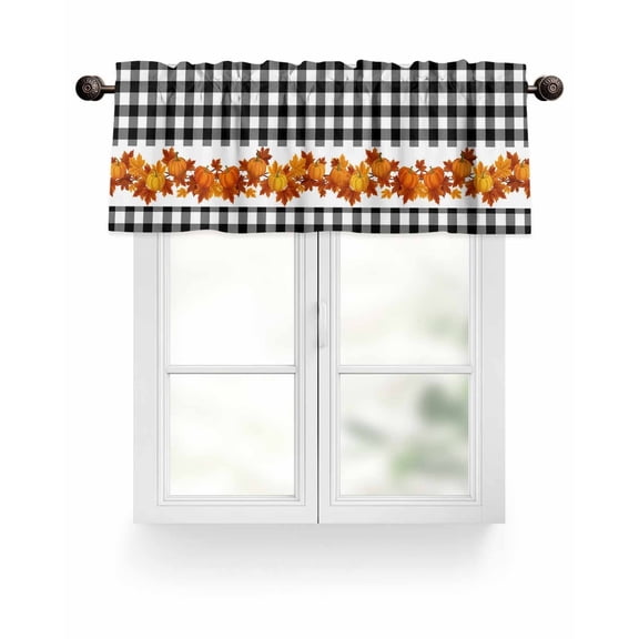 Farm Fall Thanksgiving Kitchen Valances for Windows Orange Leaf Pumpkin Valance Curtains for Kitchen /Living Room/Bedroom/ Bathroom Decor, 54"x18 " ,Rod Pocket 1 Panel, Black White Plaid