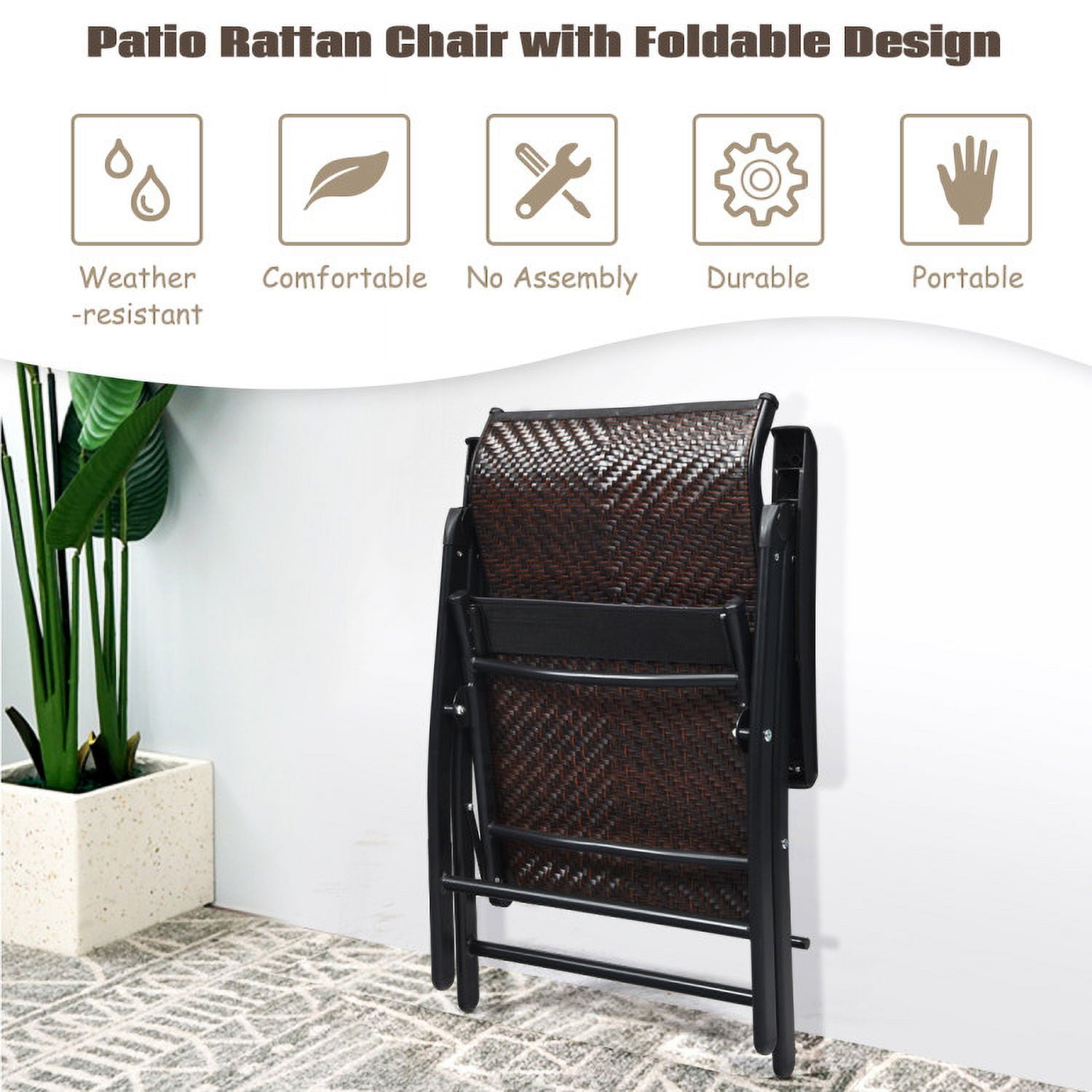 Aimee Lii 2 Pieces Patio Rattan Folding Reclining Chair, Outdoor Deck Furniture