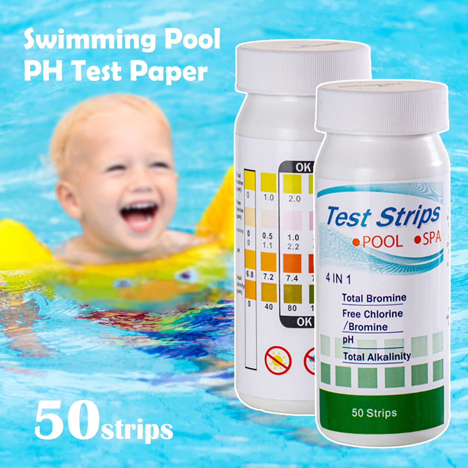 50PCS/Chlorine Dip Test Strips Hot Tub SPA Swimming Pool PH Tester Paper 5 IN 1
