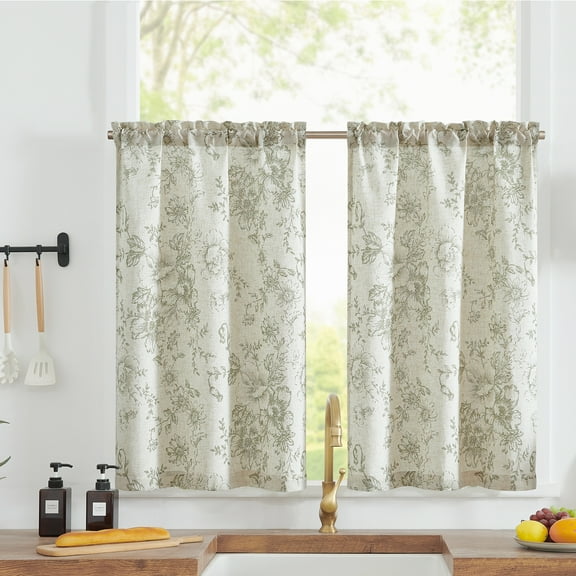 Curtainking Floral Kitchen Curtains Linen Cafe Curtains Sage Flower 26x36 inch Length Curtains for Living Room 2 Panels