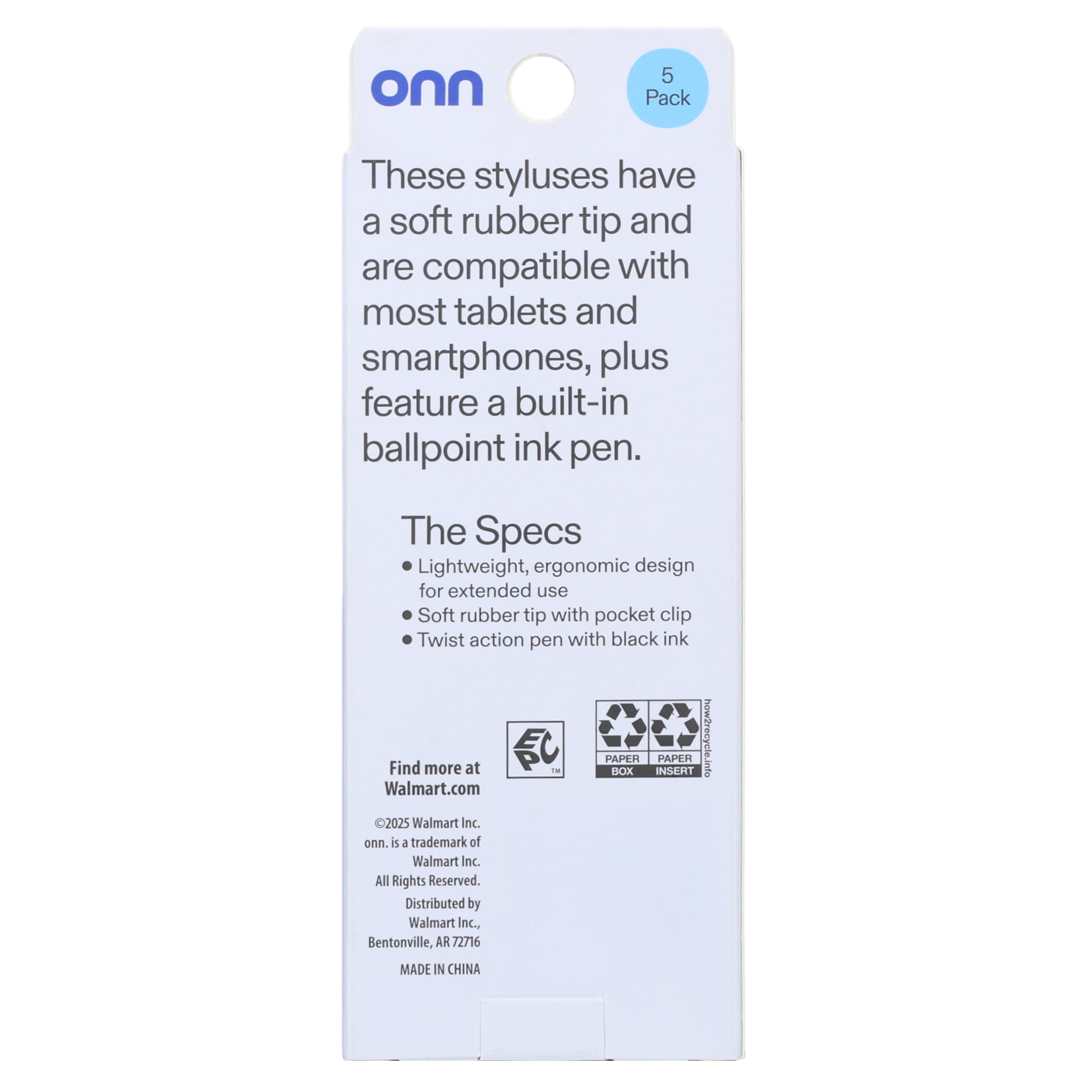 onn. 2-in-1 Stylus with Built-In Ballpoint Pen, 5 Pack