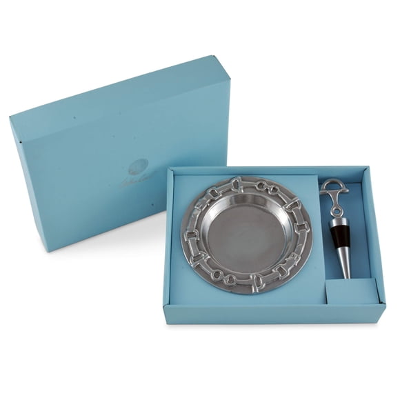 Arthur Court Designs Aluminum Equestrian Horse Bit Polo Style Wine Coaster with Bit Wine Stopper Set 2 Pieces 6 inch Diameter Coaster