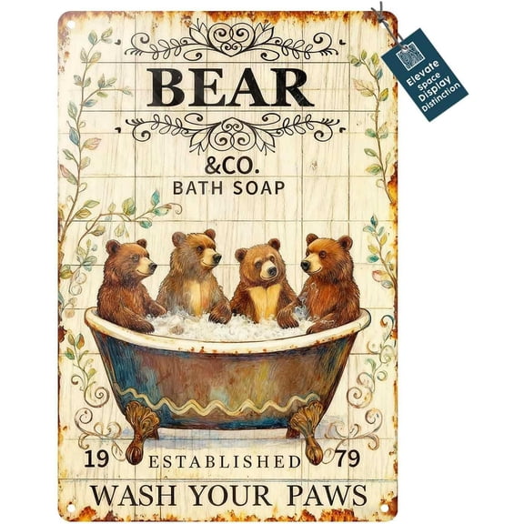 Rustic Bear Decor Metal Tin Sign, Funny Bathroom Wall Art, Lodge Cabin Home Decoration, 8 x 12 Inch
