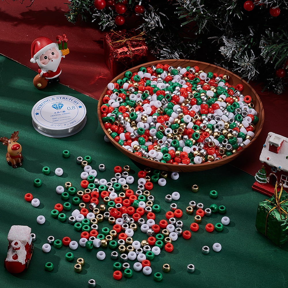 1500 Pcs Christmas Plastic Pony Beads Red Green White Silver Gold Tiny Pony Beads with 8.2 Yards/7.5m Elastic Thread